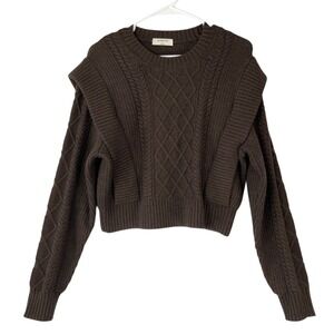 Babaton Brown Cable Knit Sweater Size S Crew Neck Long Sleeve Shoulder Detail